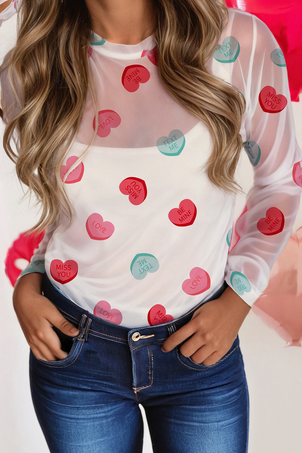 Heart-shaped Round Neck Valentines Day Shift Mesh Shirt