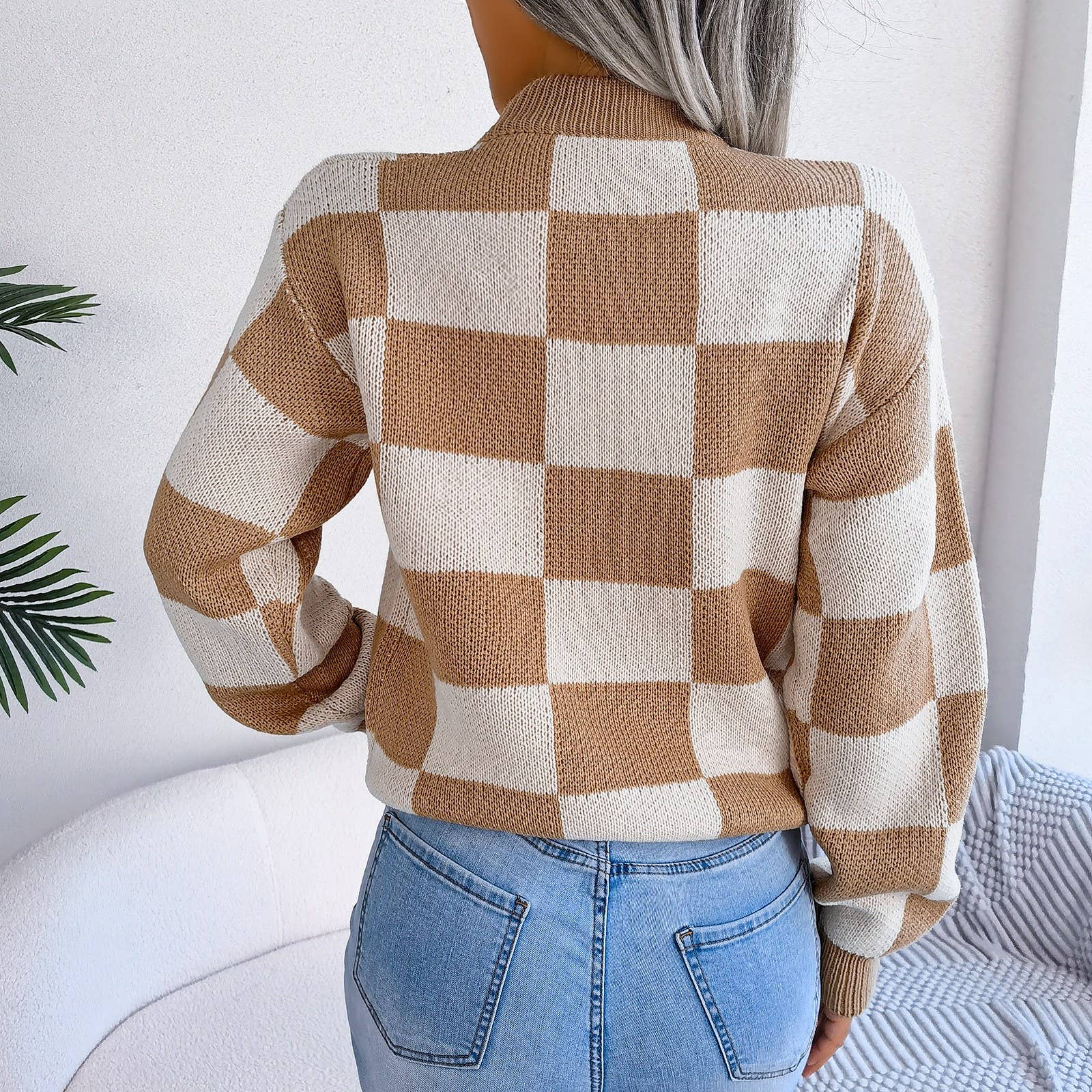 Colorblock Plaid Knit Sweater