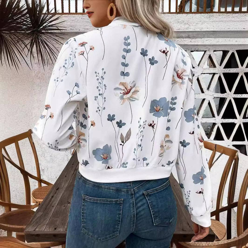Blue Floral Zip Up Cropped Bomber Jacket