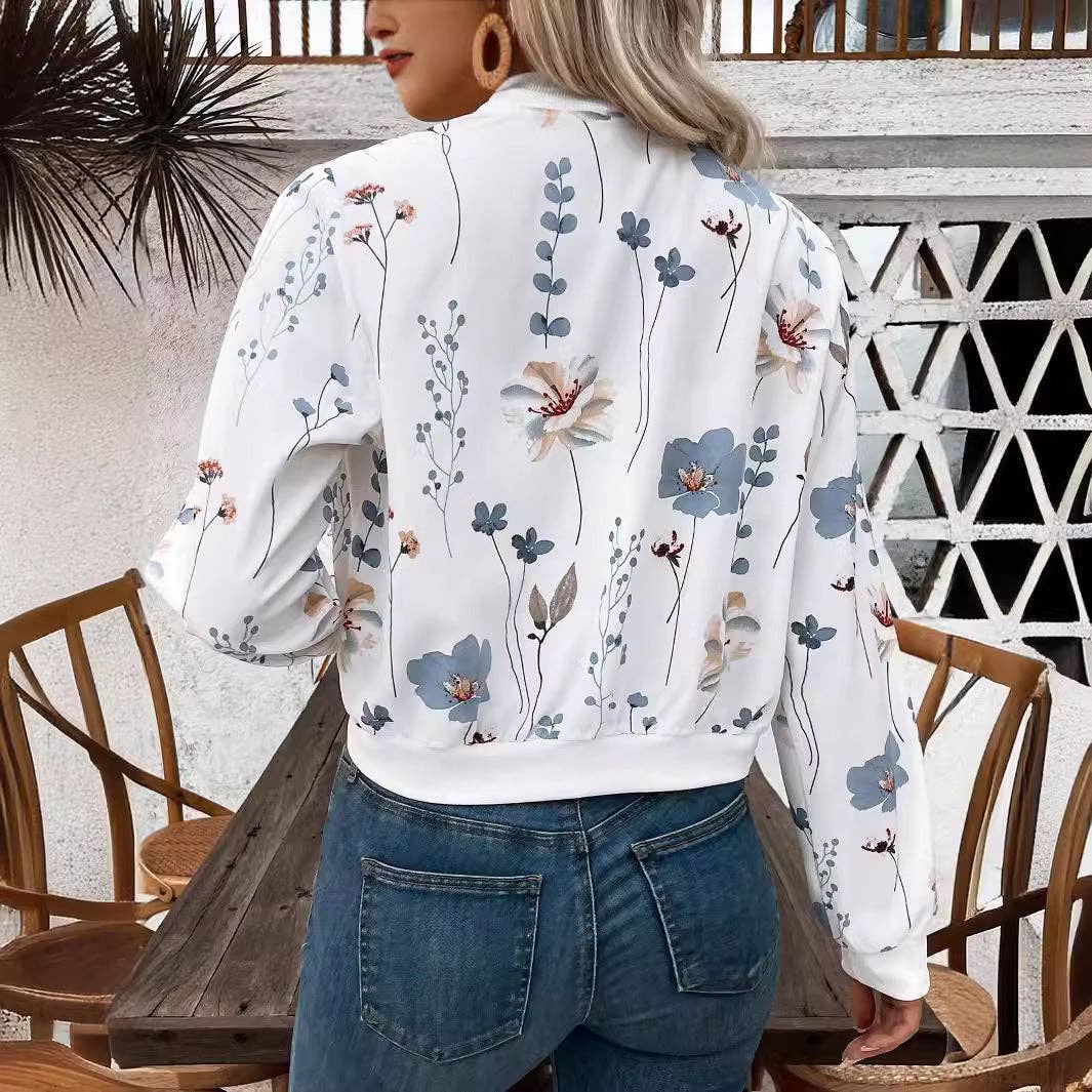 Blue Floral Zip Up Cropped Bomber Jacket