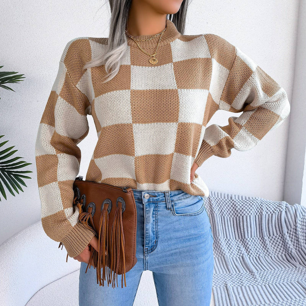 Colorblock Plaid Knit Sweater