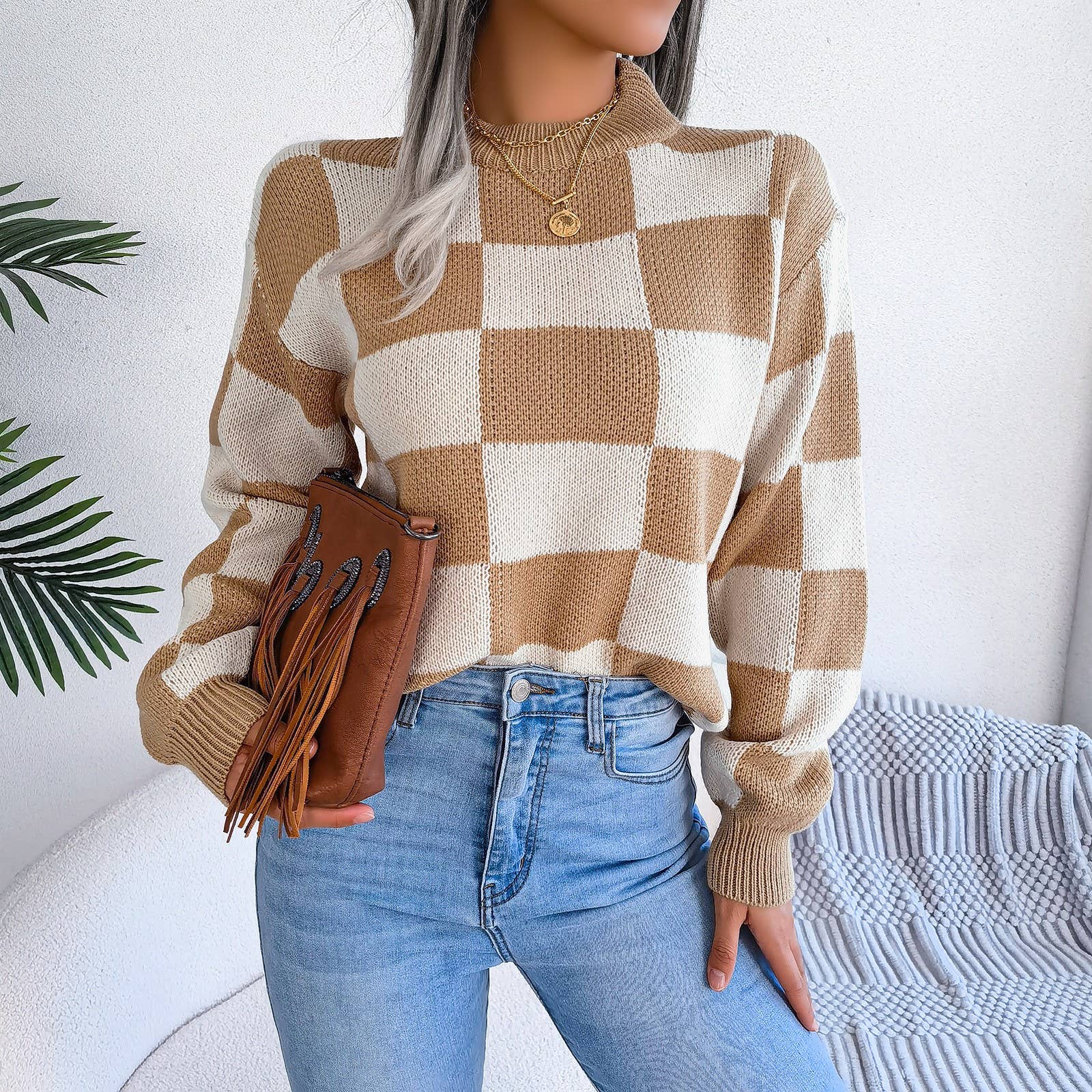 Colorblock Plaid Knit Sweater