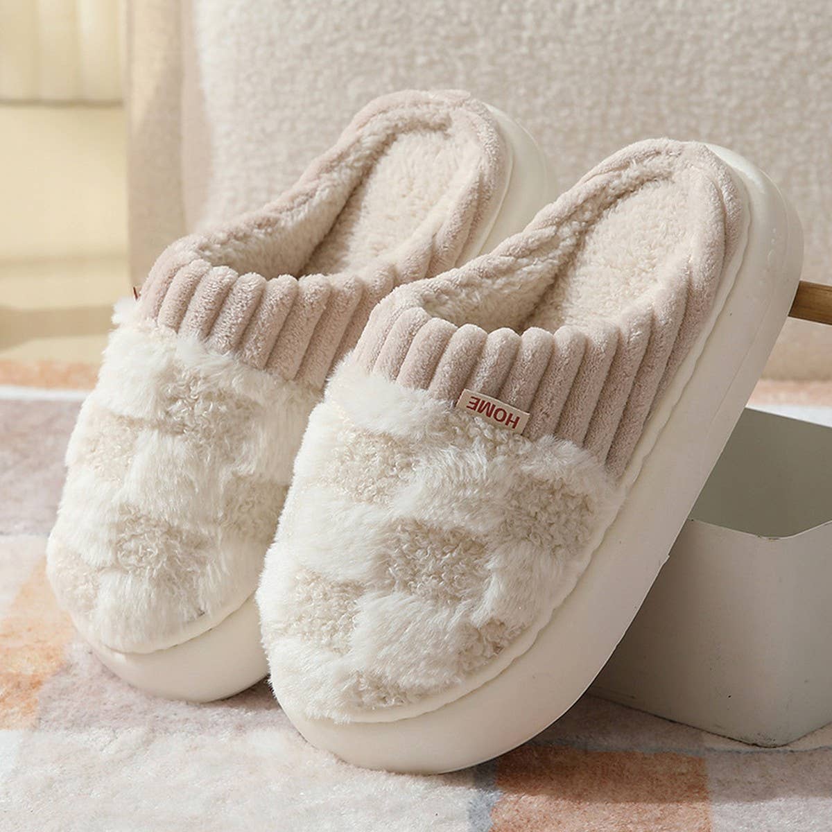 Checkered Fuzzy Warm Slippers