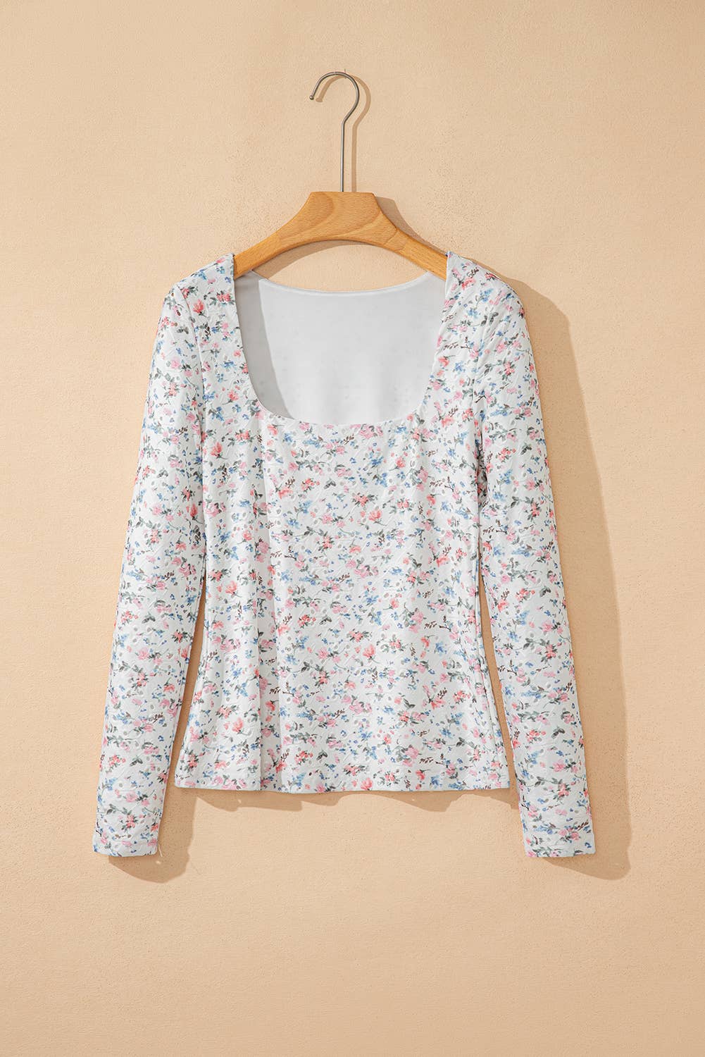 Floral Print Textured Square Neck Long Sleeve Top