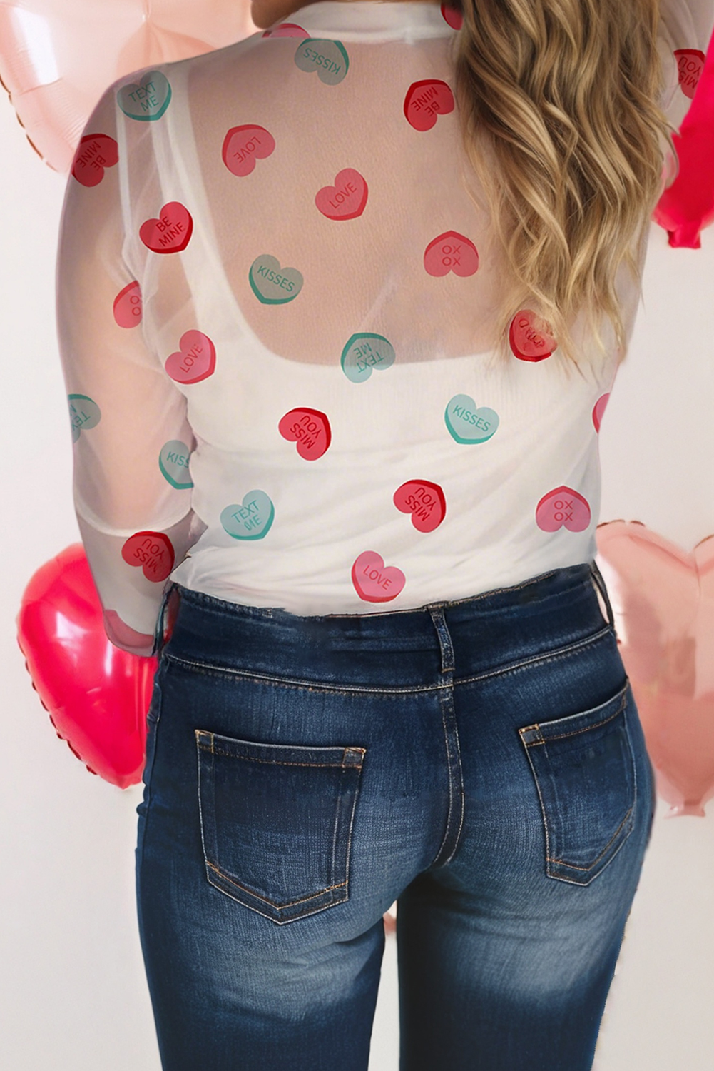 Heart-shaped Round Neck Valentines Day Shift Mesh Shirt
