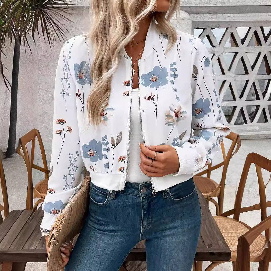 Blue Floral Zip Up Cropped Bomber Jacket