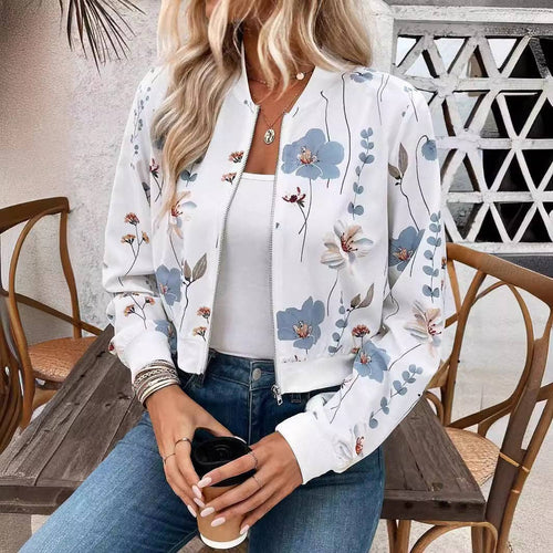 Blue Floral Zip Up Cropped Bomber Jacket