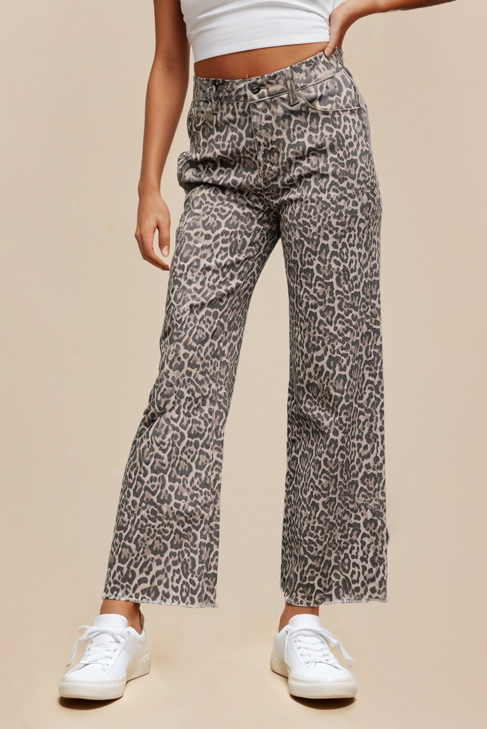 Leopard Frayed Edge Wide Leg High Waist Jeans