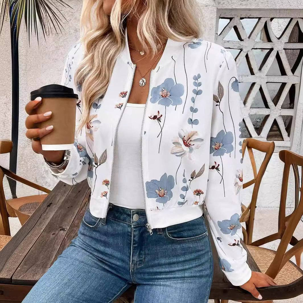 Blue Floral Zip Up Cropped Bomber Jacket