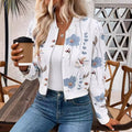 Blue Floral Zip Up Cropped Bomber Jacket