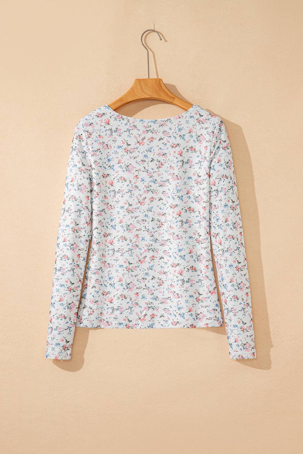 Floral Print Textured Square Neck Long Sleeve Top